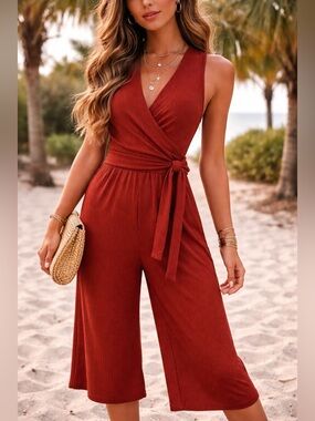 Gilli Burnt Rust Red Sleeveless Mid Length Faux Wrap Jumpsuit size Small